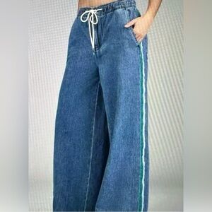 Anthropologie Pilcro Blue Wide-Leg Jeans with Green Stripe. Like new used once.